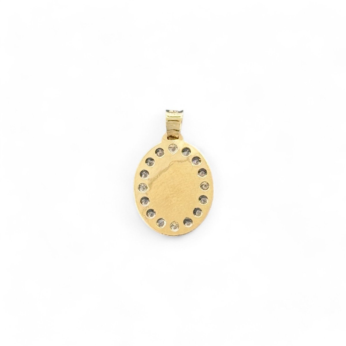 14KT Tri - Color Gold Virgin Mary Oval Pendant with CZ Accents