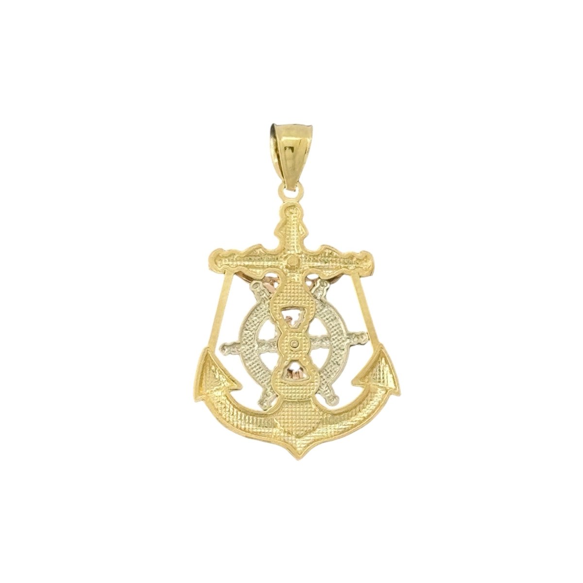 14KT Tri - Tone Gold Crucifix with Anchor and Ship Wheel Pendant