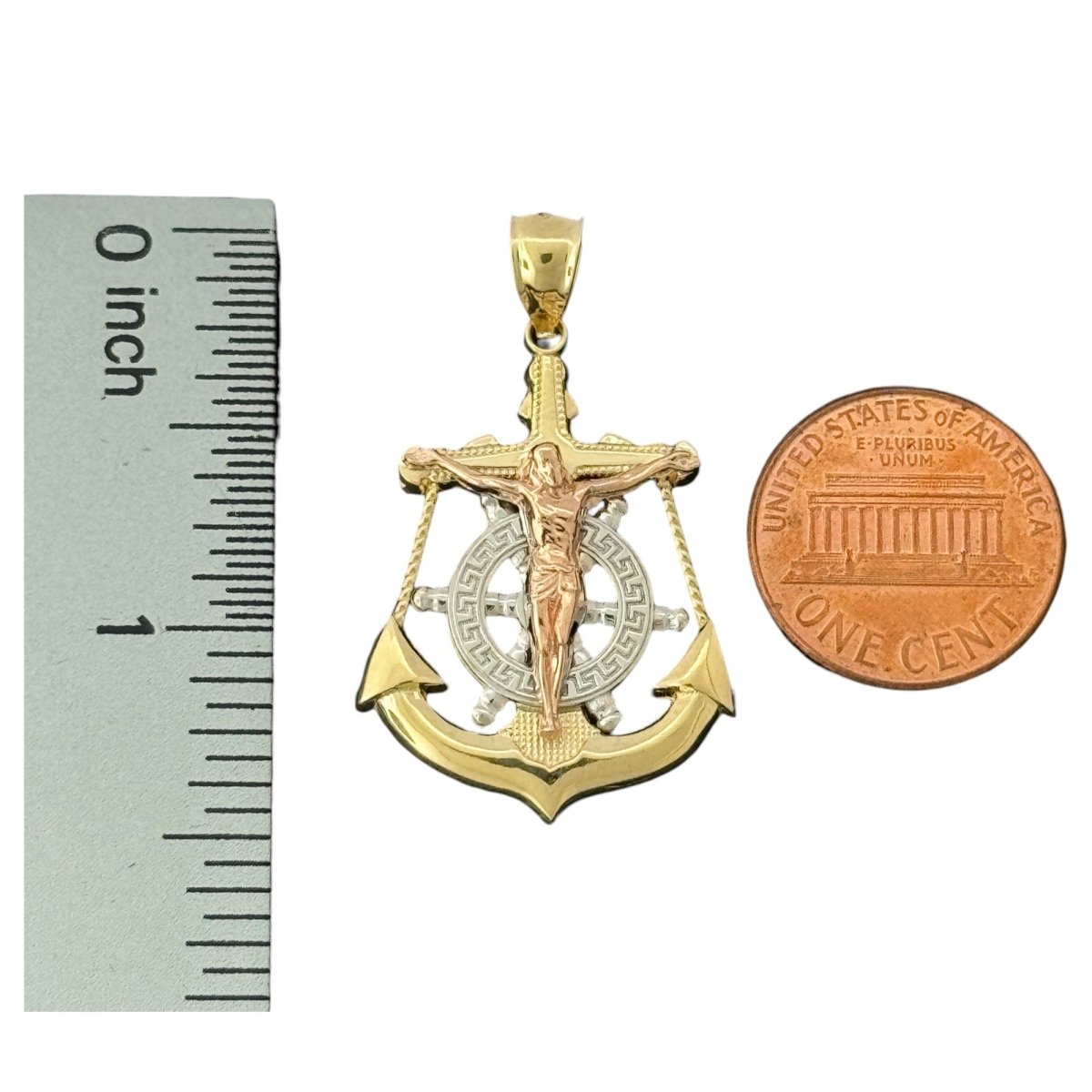 14KT Tri - Tone Gold Crucifix with Anchor and Ship Wheel Pendant