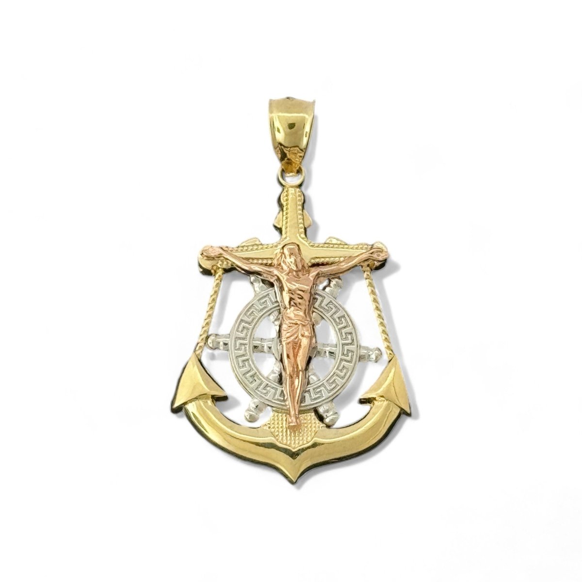 14KT Tri-Tone Gold Crucifix with Anchor and Ship Wheel Pendant 14KT Tri-Tone Gold Crucifix with Anchor and Ship Wheel Pendant