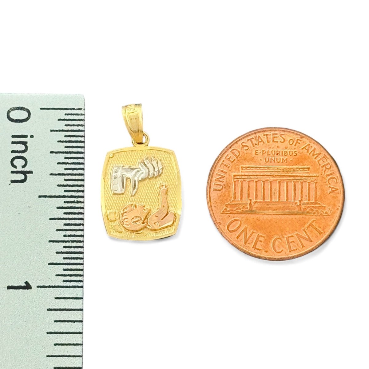 14KT Tricolor Gold Baptism Pendant with Infant and Hand Motif