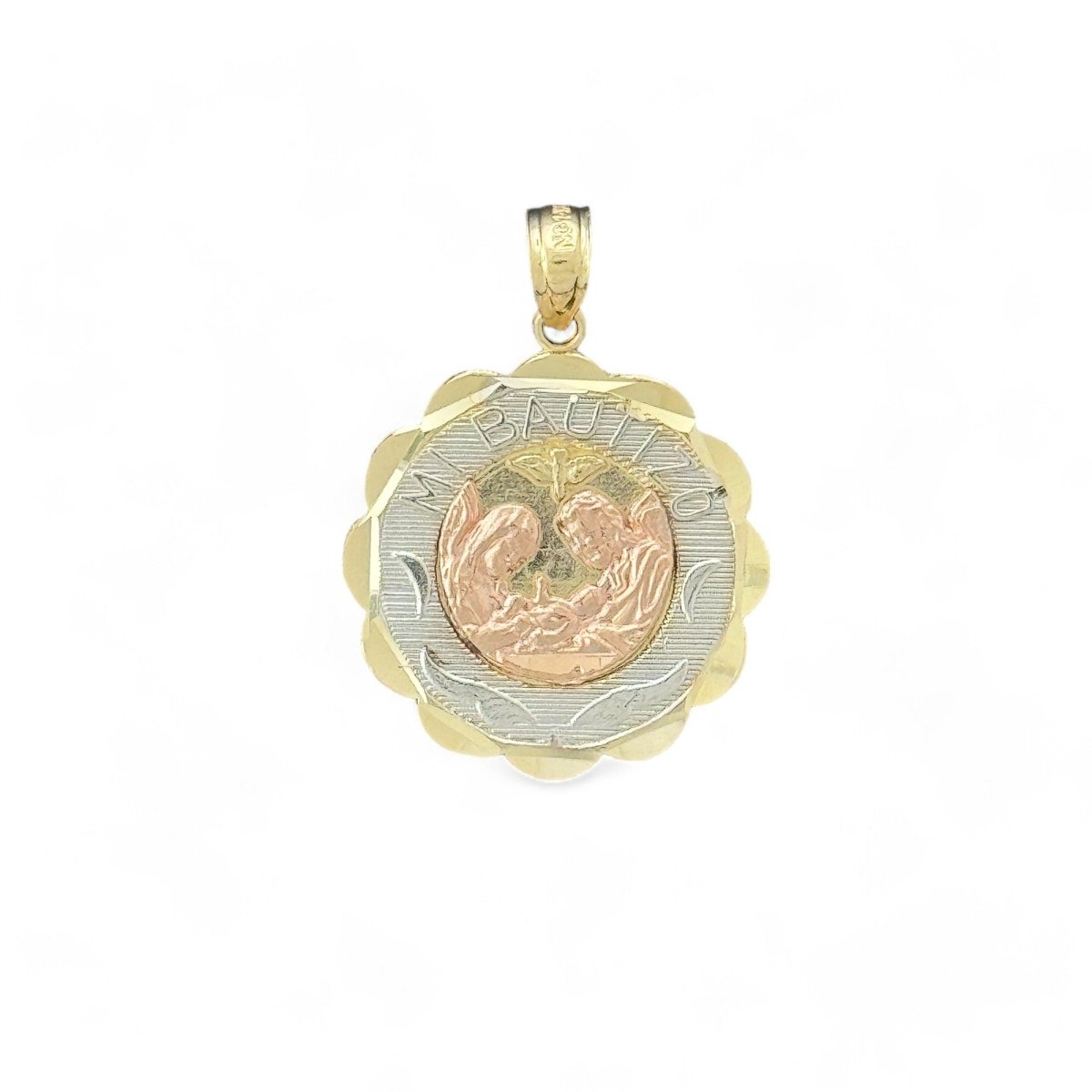 14KT Tricolor Gold Mi Bautizo Scalloped Pendant