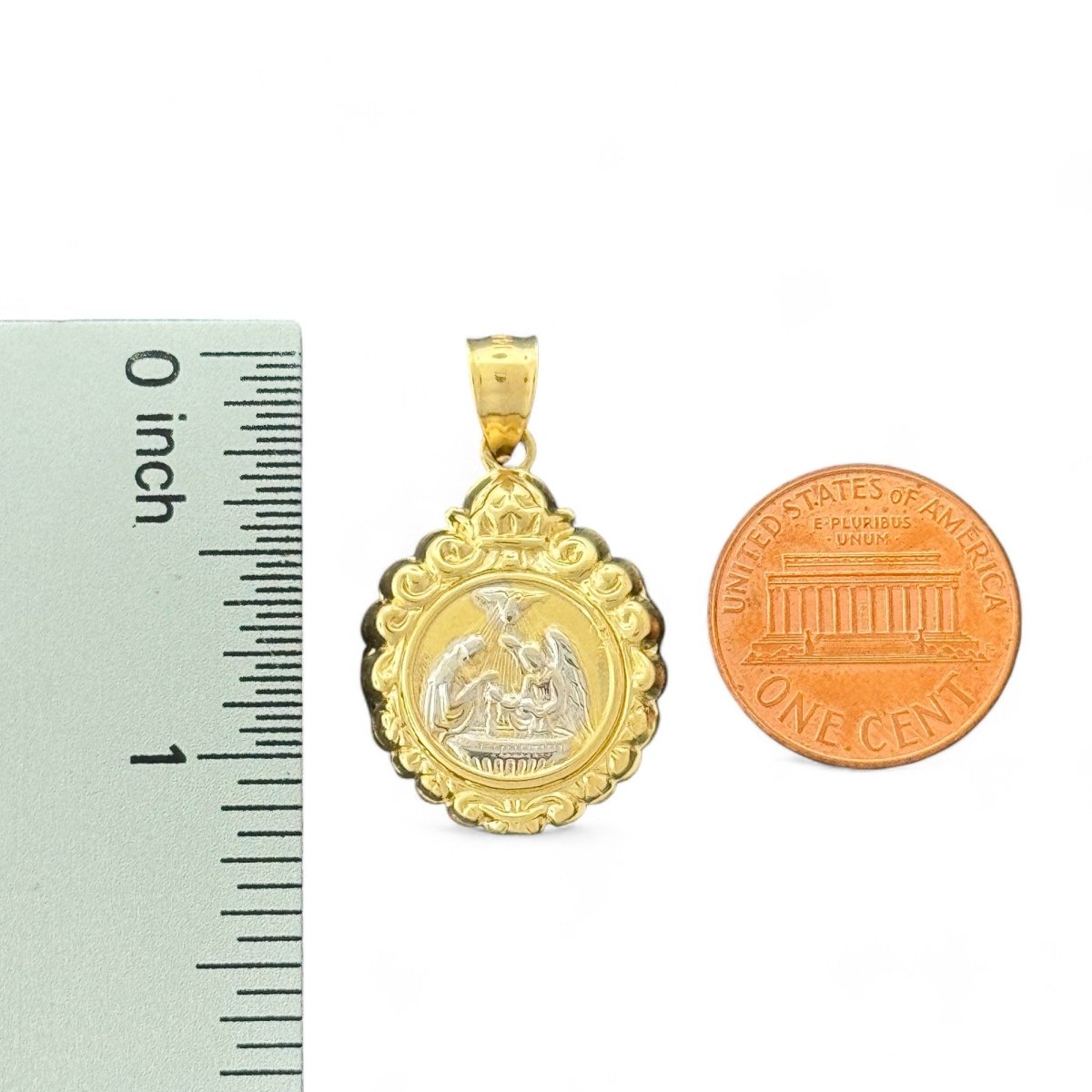 14KT Two - Tone Gold Baptism Pendant with Dove and Holy Scene