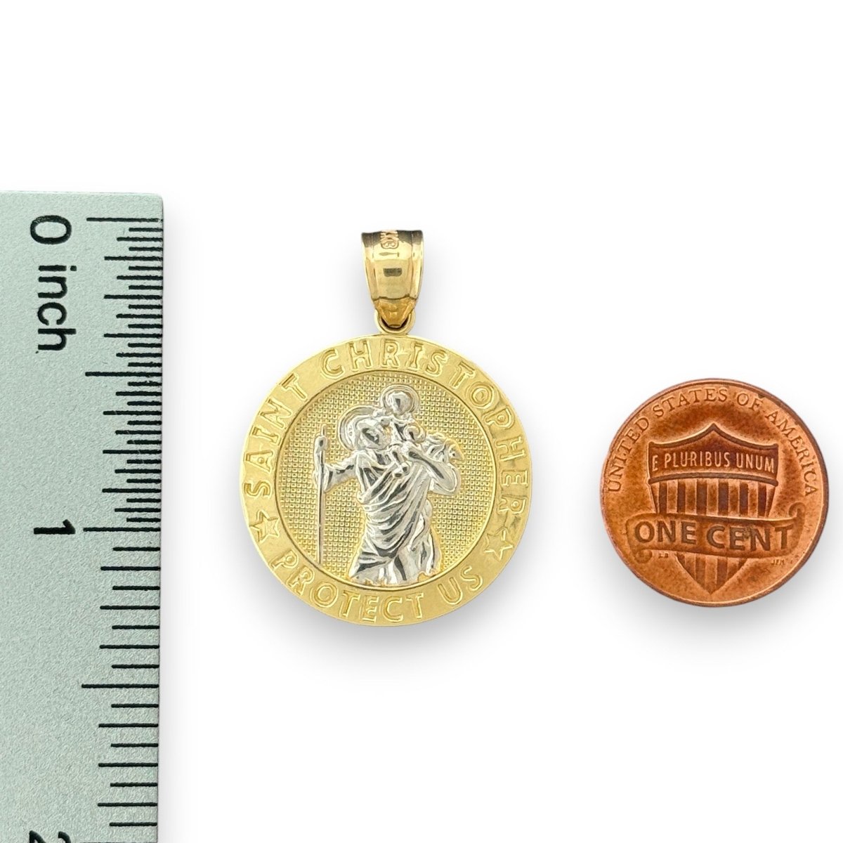 14KT Two Tone Gold Saint Christopher Protect Us Pendant