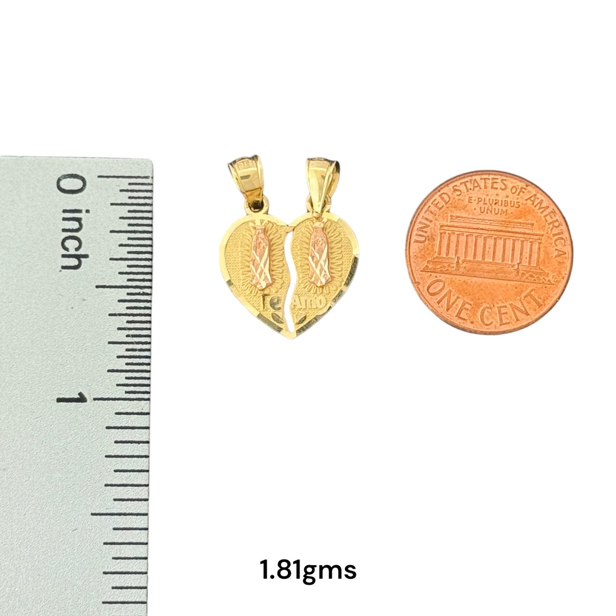 14KT Yellow and Rose Gold "Te Amo" Breakable Heart Pendants with Virgin Mary