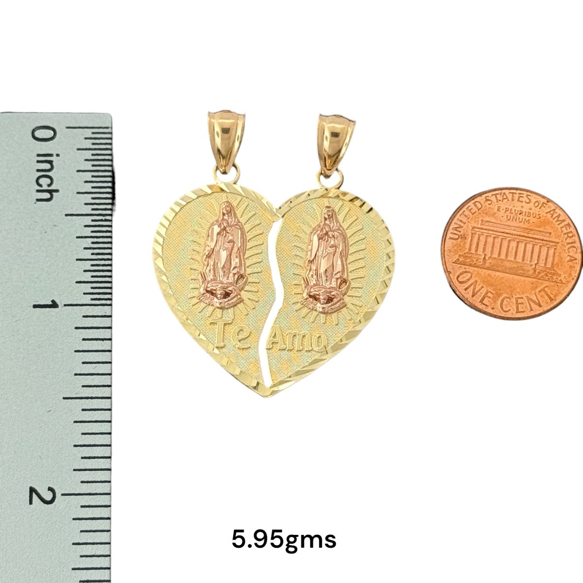 14KT Yellow and Rose Gold "Te Amo" Breakable Heart Pendants with Virgin Mary
