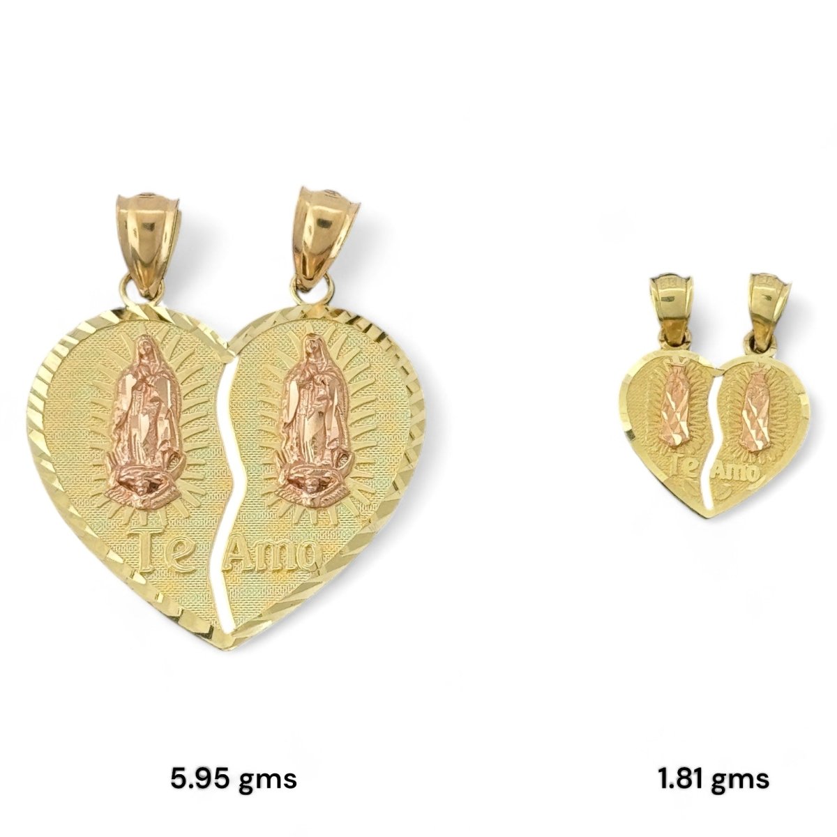 14KT Yellow and Rose Gold "Te Amo" Breakable Heart Pendants with Virgin Mary