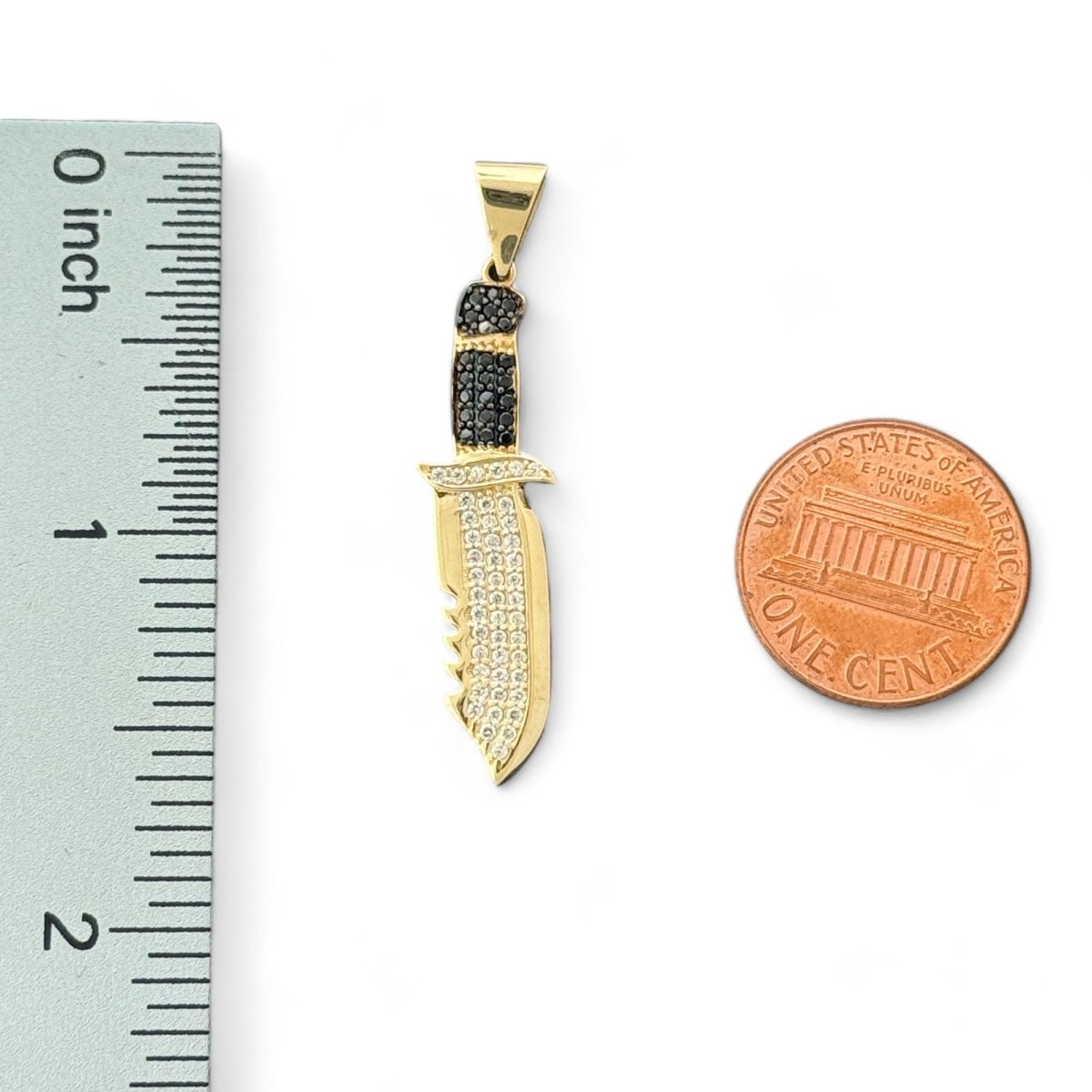 14KT Yellow Gold Bowie Knife Pendant with Black CZ Accents