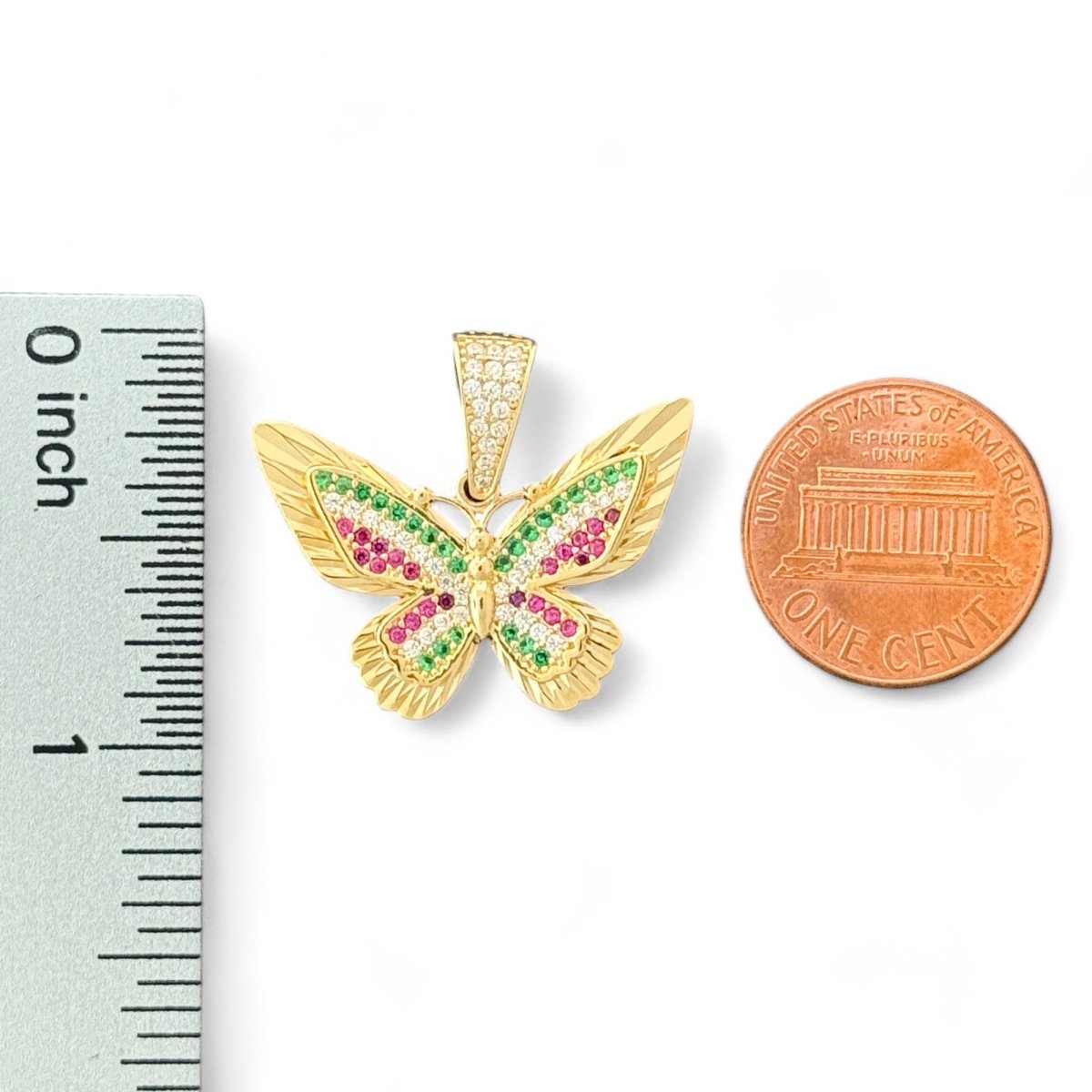 14KT Yellow Gold Butterfly Pendant with Multicolor CZ Stones