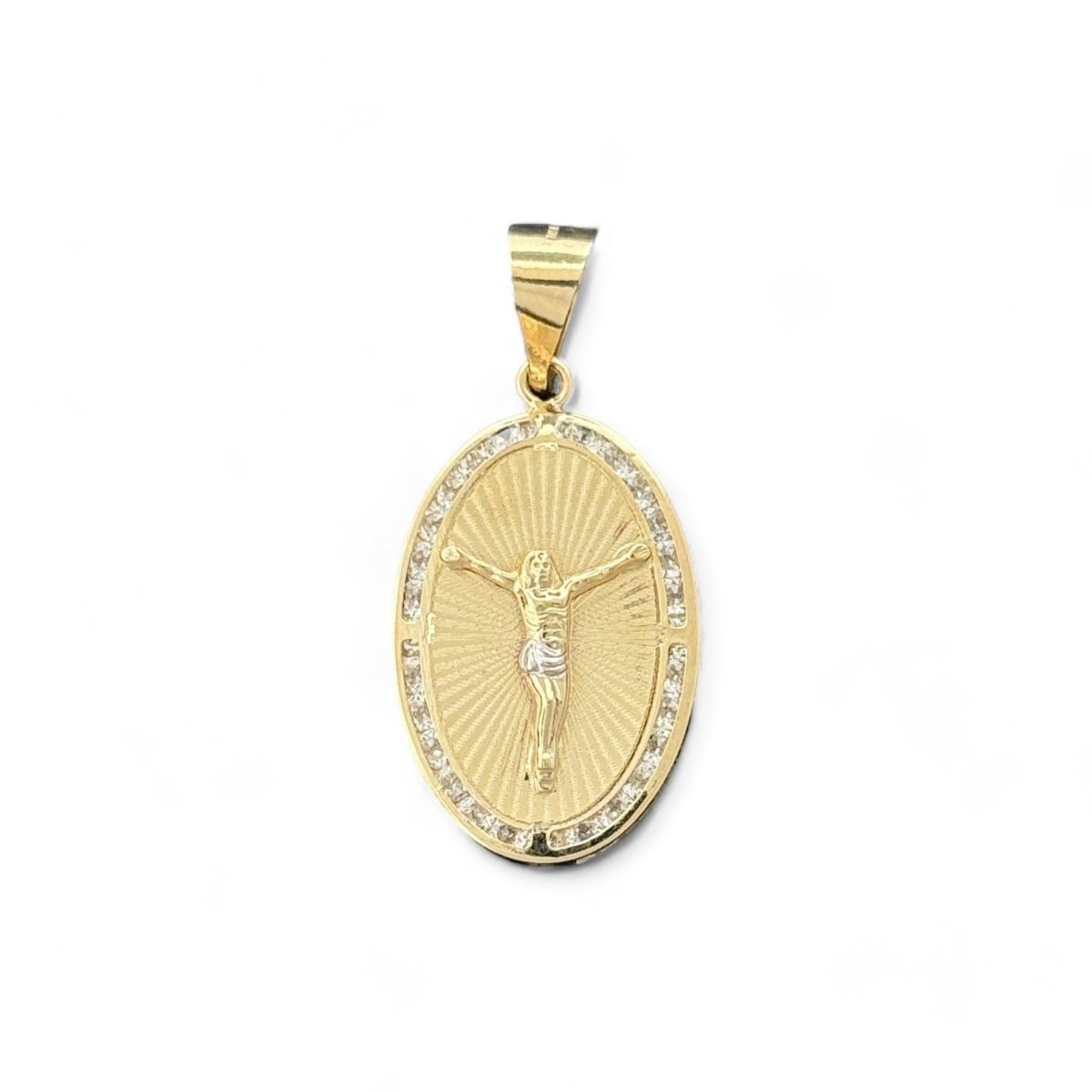 14KT Yellow Gold Crucifix Oval Pendant with CZ Accents