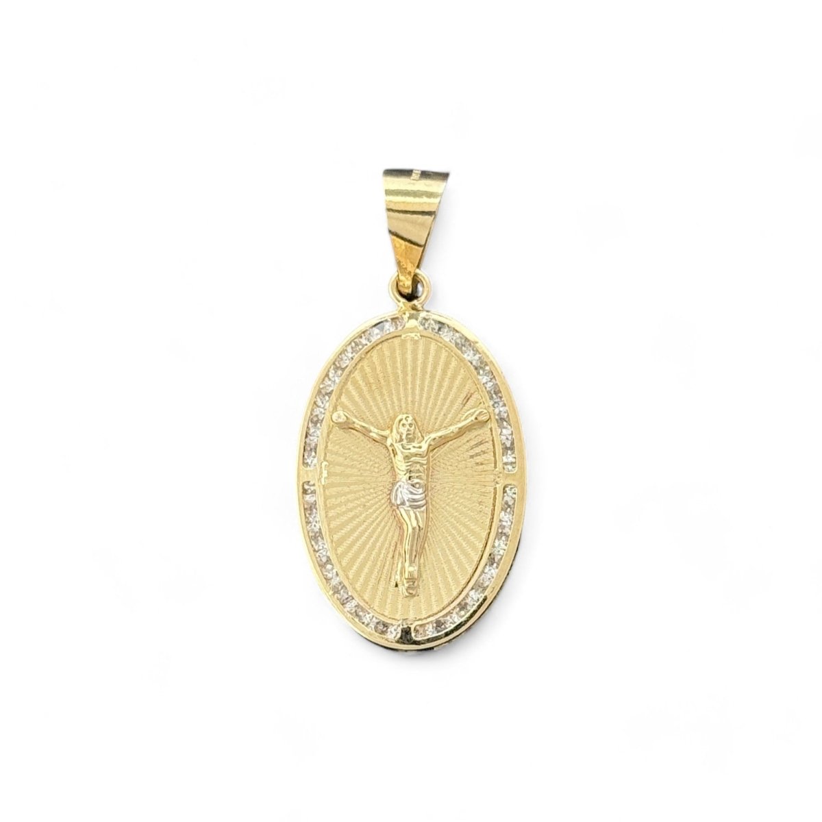 14KT Yellow Gold Crucifix Oval Pendant with CZ Accents