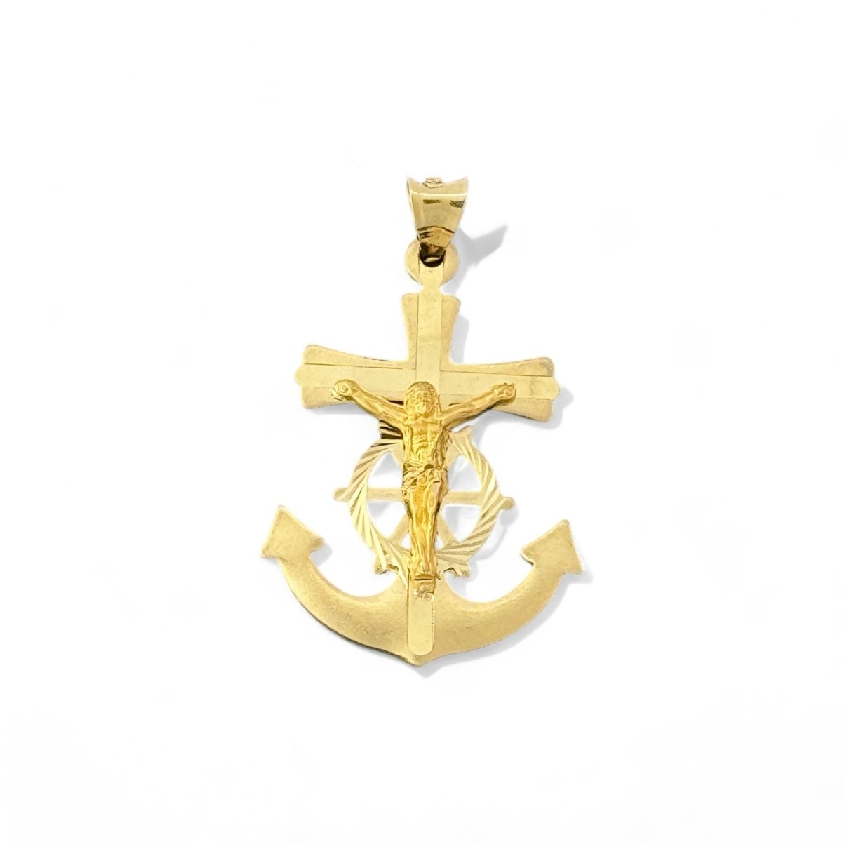 14KT Yellow Gold Crucifix with Anchor and Ship Wheel Pendant