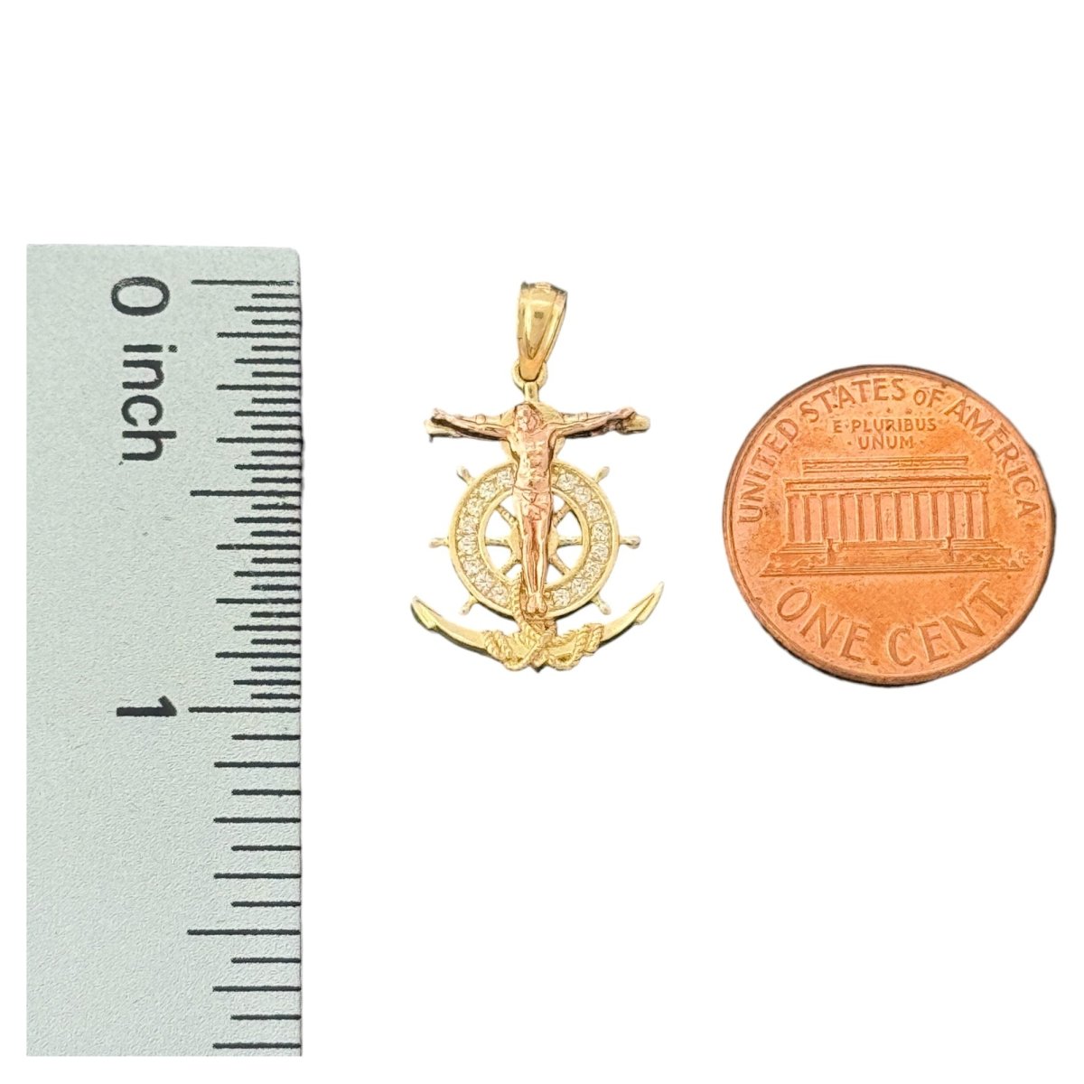 14KT Yellow Gold Crucifix with Ship Wheel and Anchor Pendant