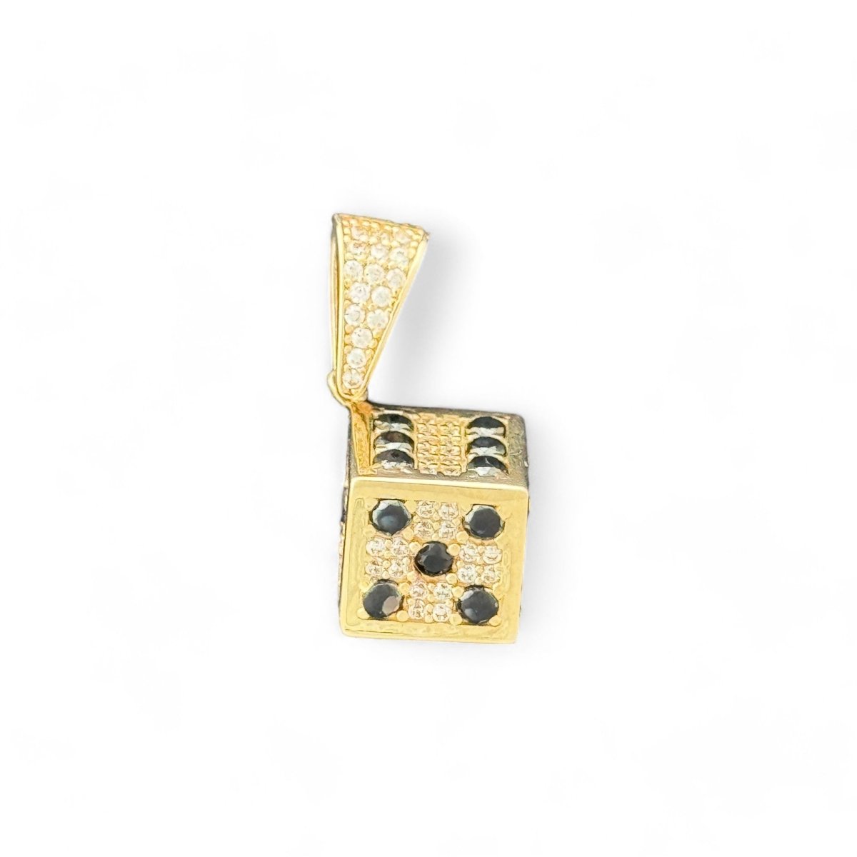 14KT Yellow Gold Dice Pendant with Black CZ Stones