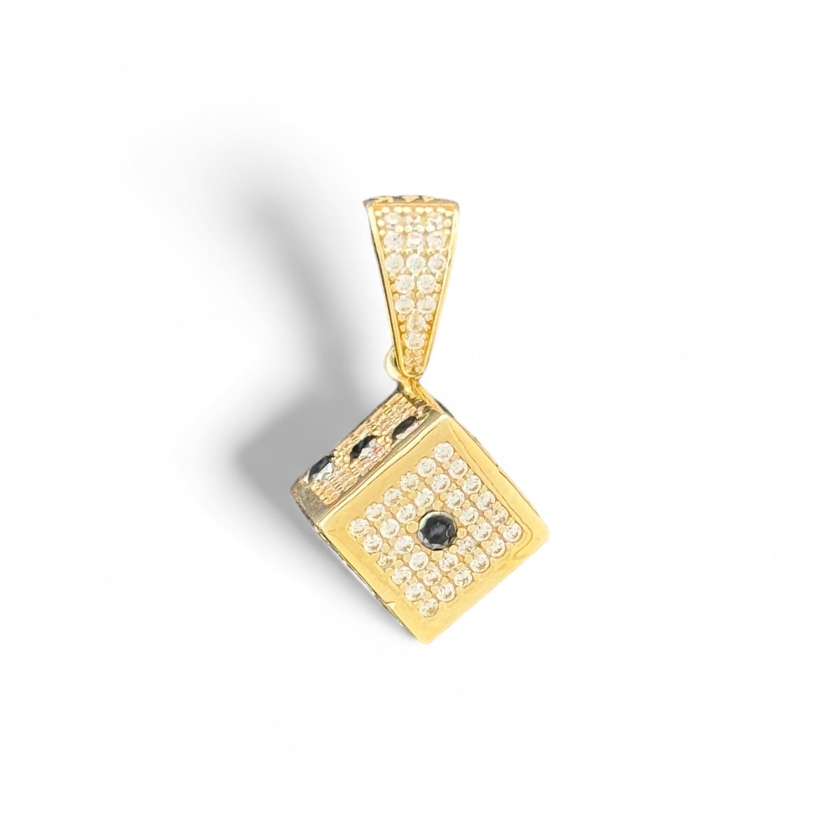 14KT Yellow Gold Dice Pendant with Black CZ Stones