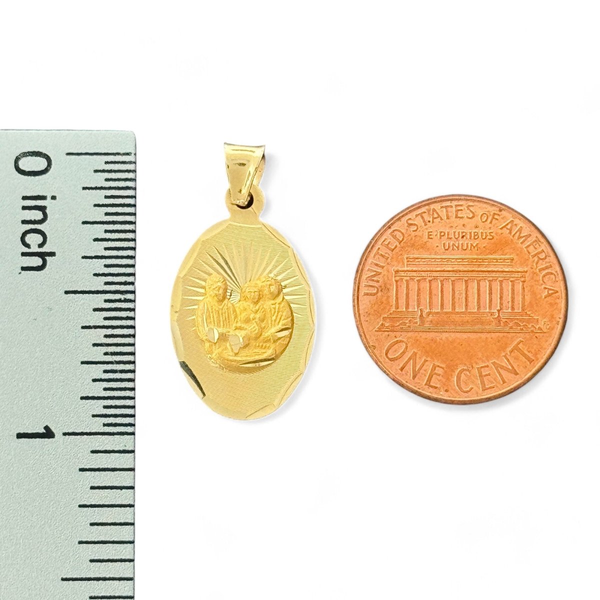 14KT Yellow Gold Double - Sided Baptism Pendant - Virgin Mary and Holy Family