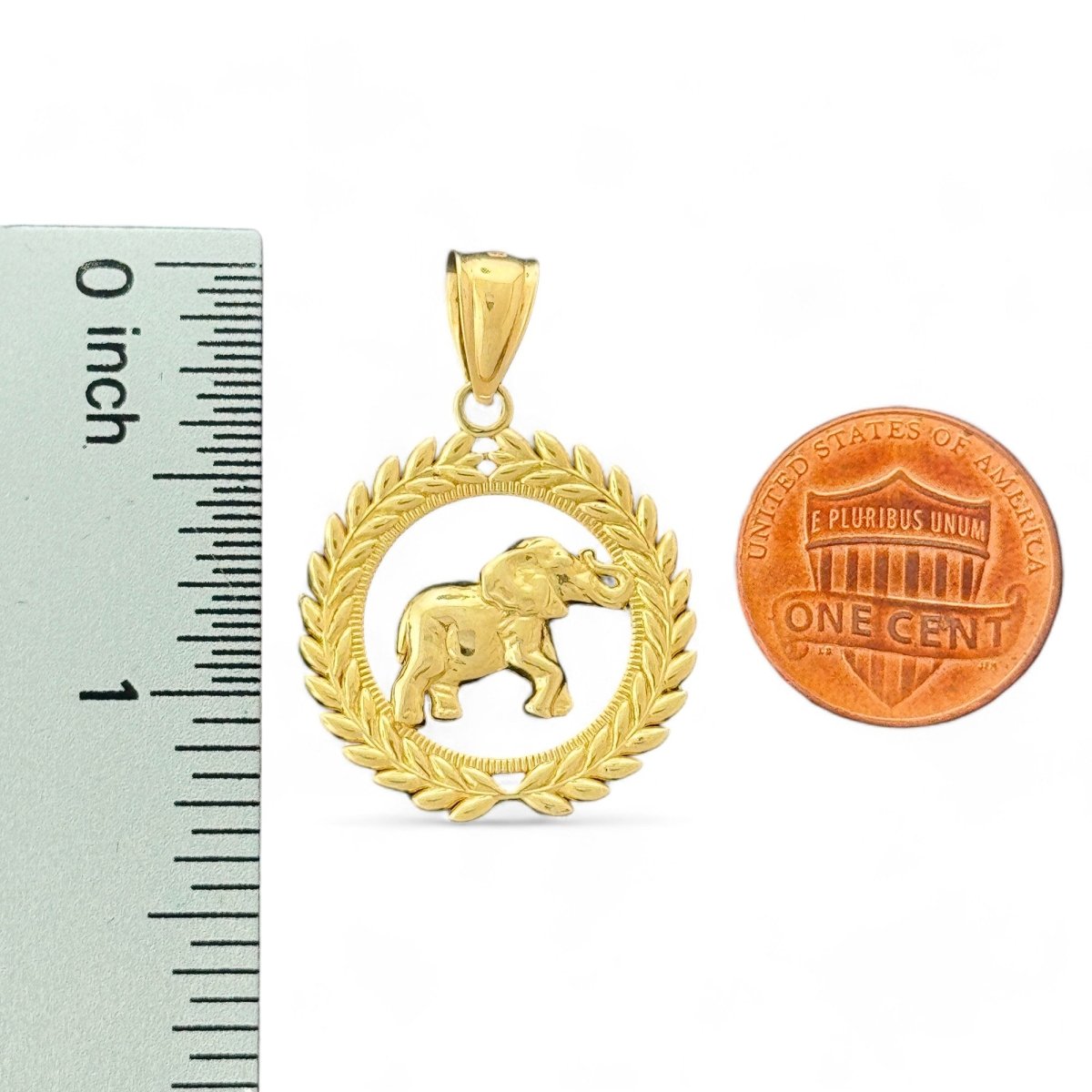 14KT Yellow Gold Elephant Pendant with Wreath Design