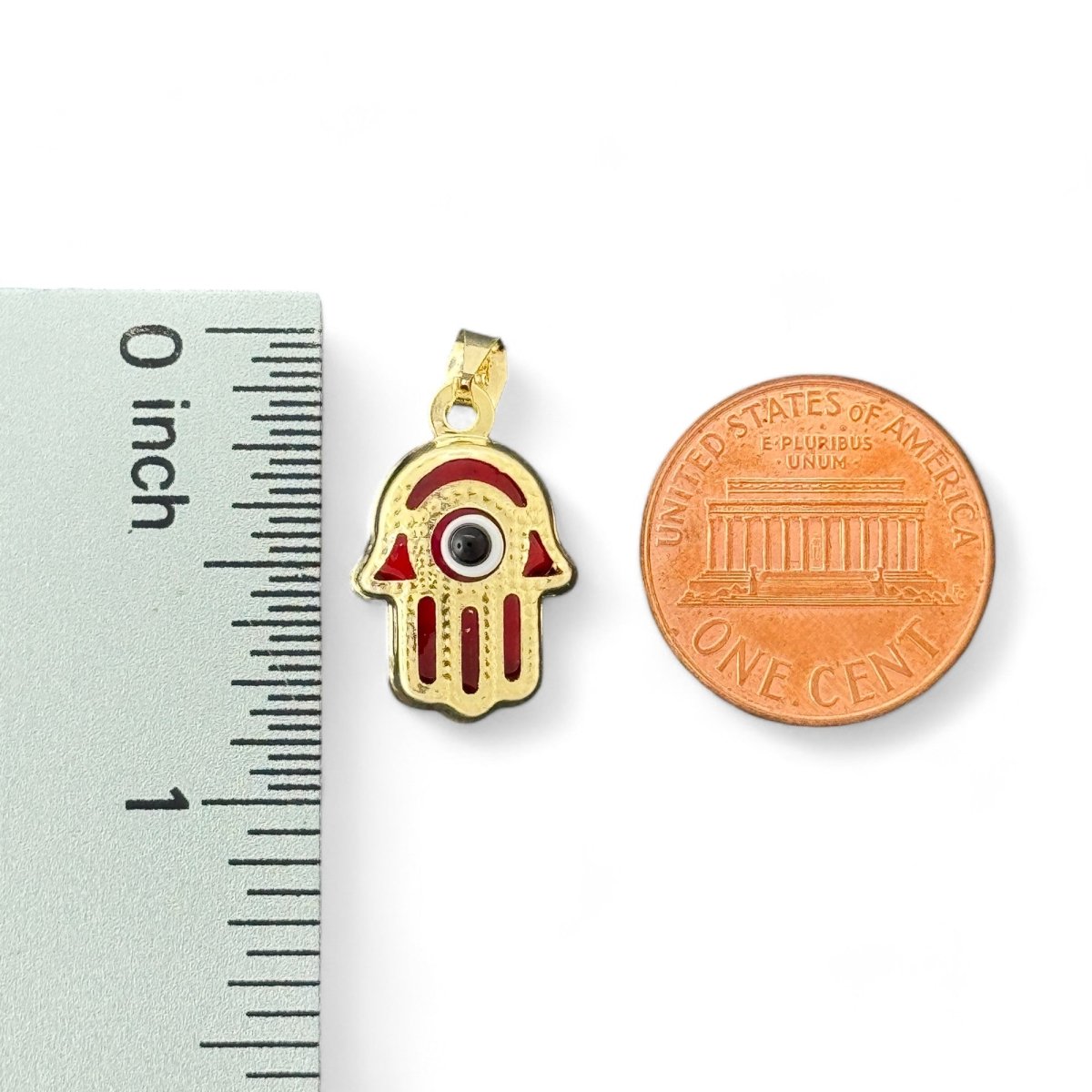 14KT Yellow Gold Hamsa Evil Eye Pendant with Red Enamel