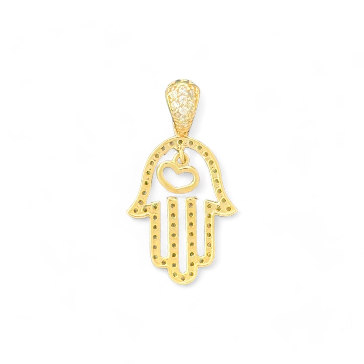 14KT Yellow Gold Hamsa Hand Pendant with Hanging Heart