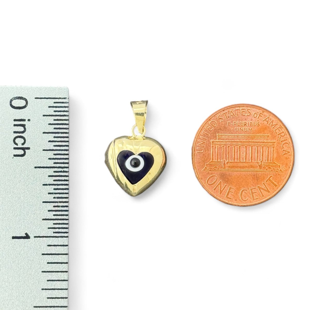 14KT Yellow Gold Heart Evil Eye Pendants with Blue Enamel