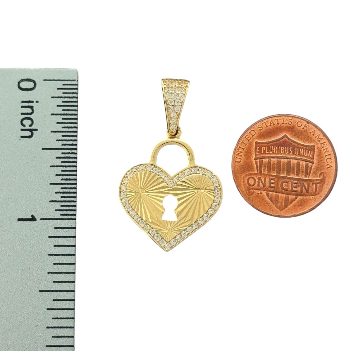 14KT Yellow Gold Heart Lock Pendant with CZ Stones