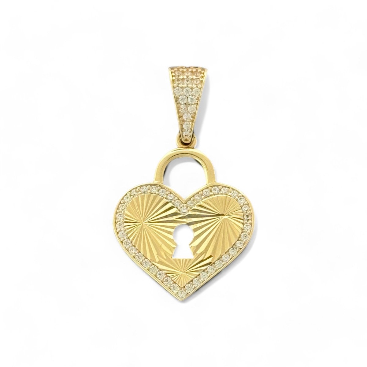 14KT Yellow Gold Heart Lock Pendant with CZ Stones