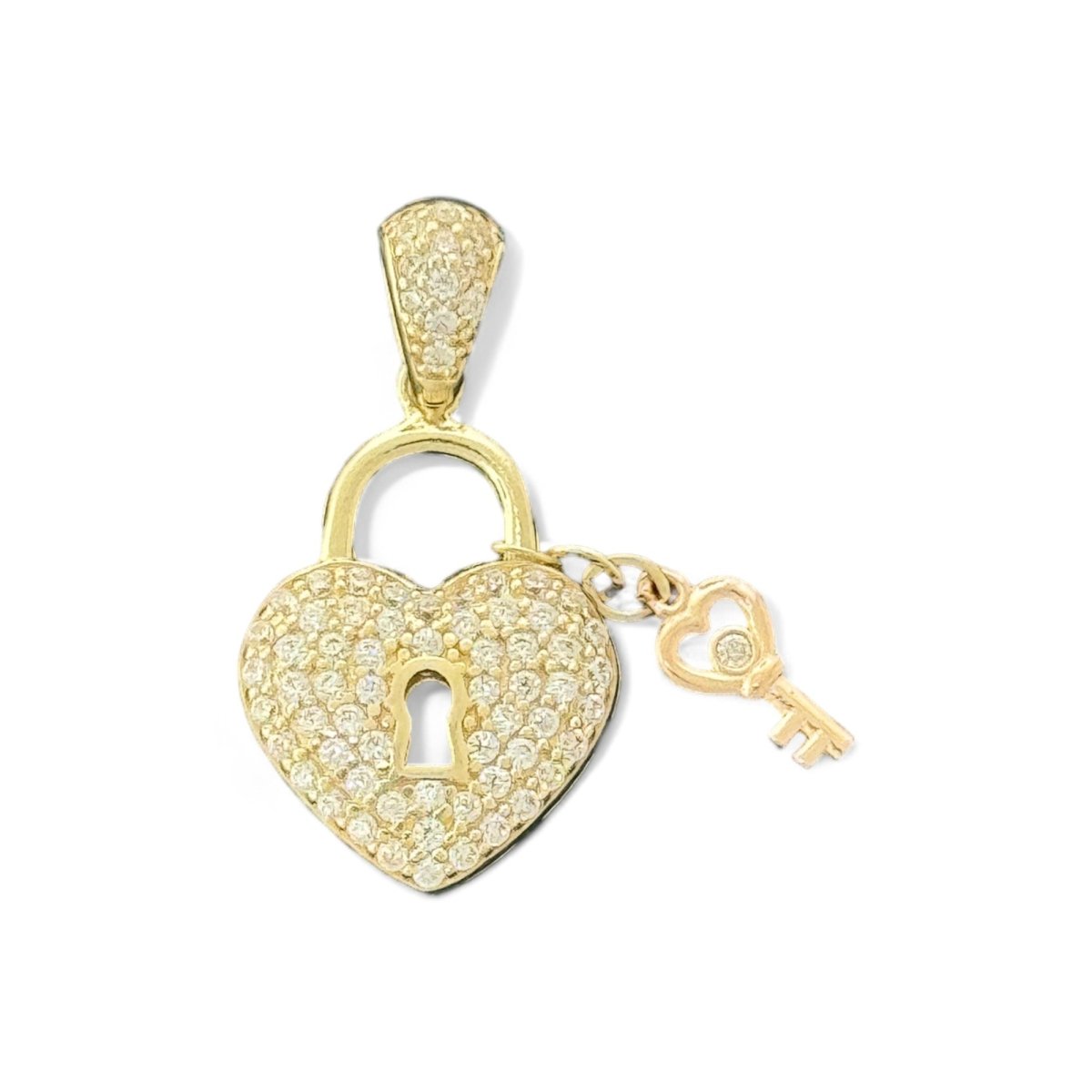 14KT Yellow Gold Heart Lock Pendant with Key and CZ Stones