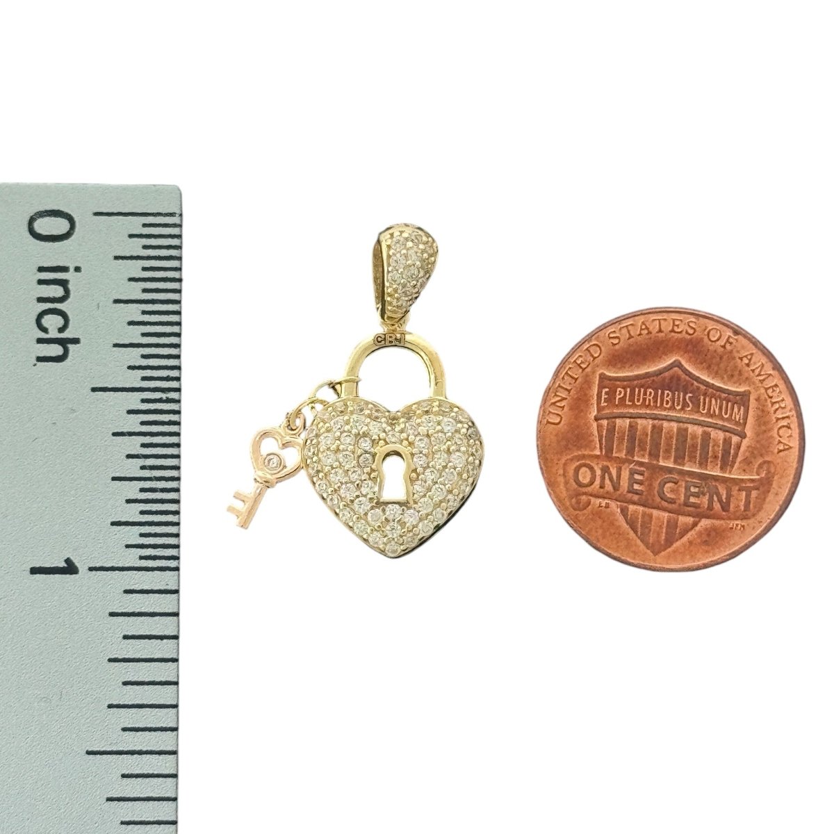 14KT Yellow Gold Heart Lock Pendant with Key and CZ Stones