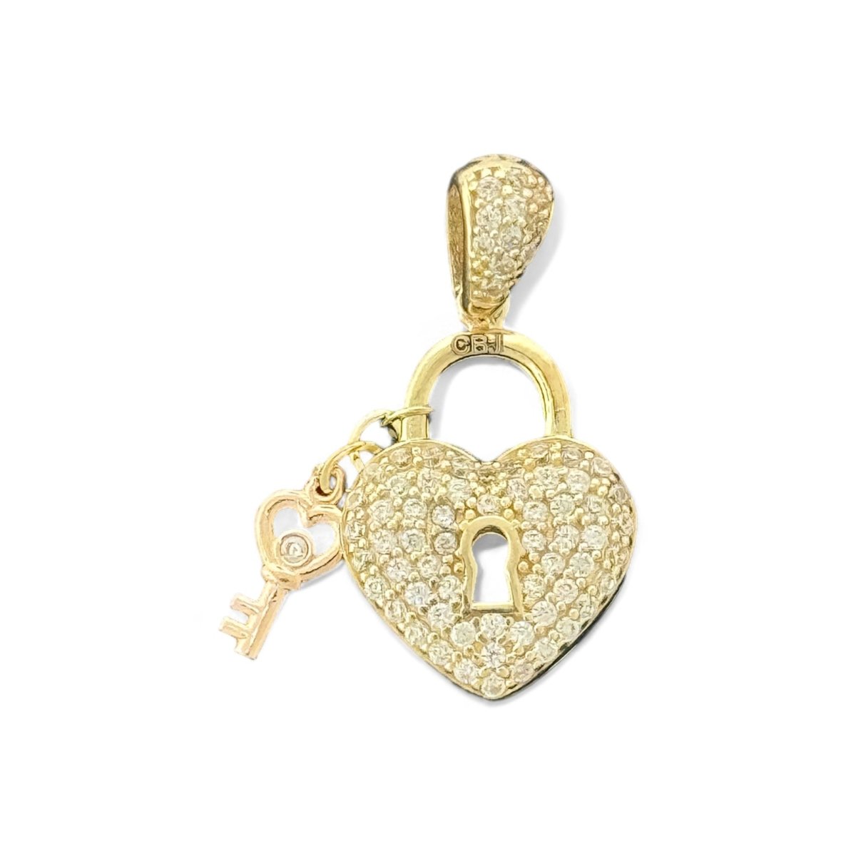 14KT Yellow Gold Heart Lock Pendant with Key and CZ Stones