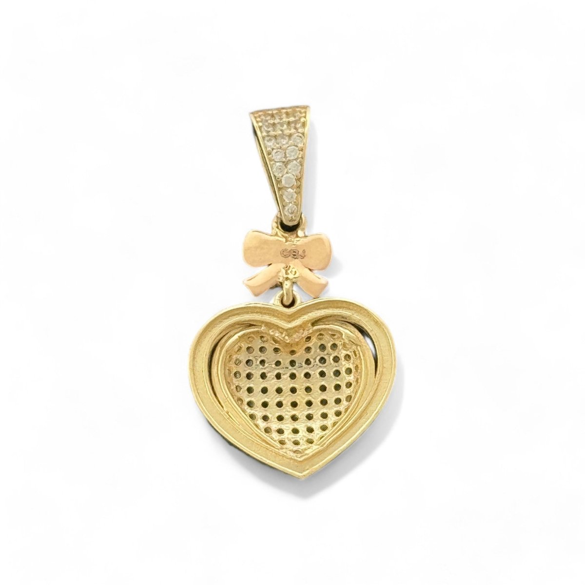 14KT Yellow Gold Heart Pendant with Pink Bow and CZ Stones