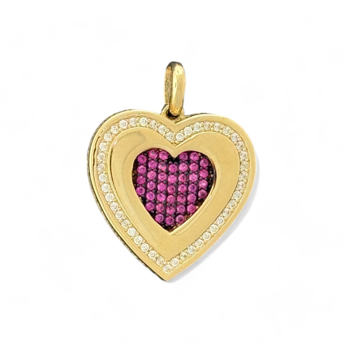 14KT Yellow Gold Heart Pendant with Red and CZ Stones