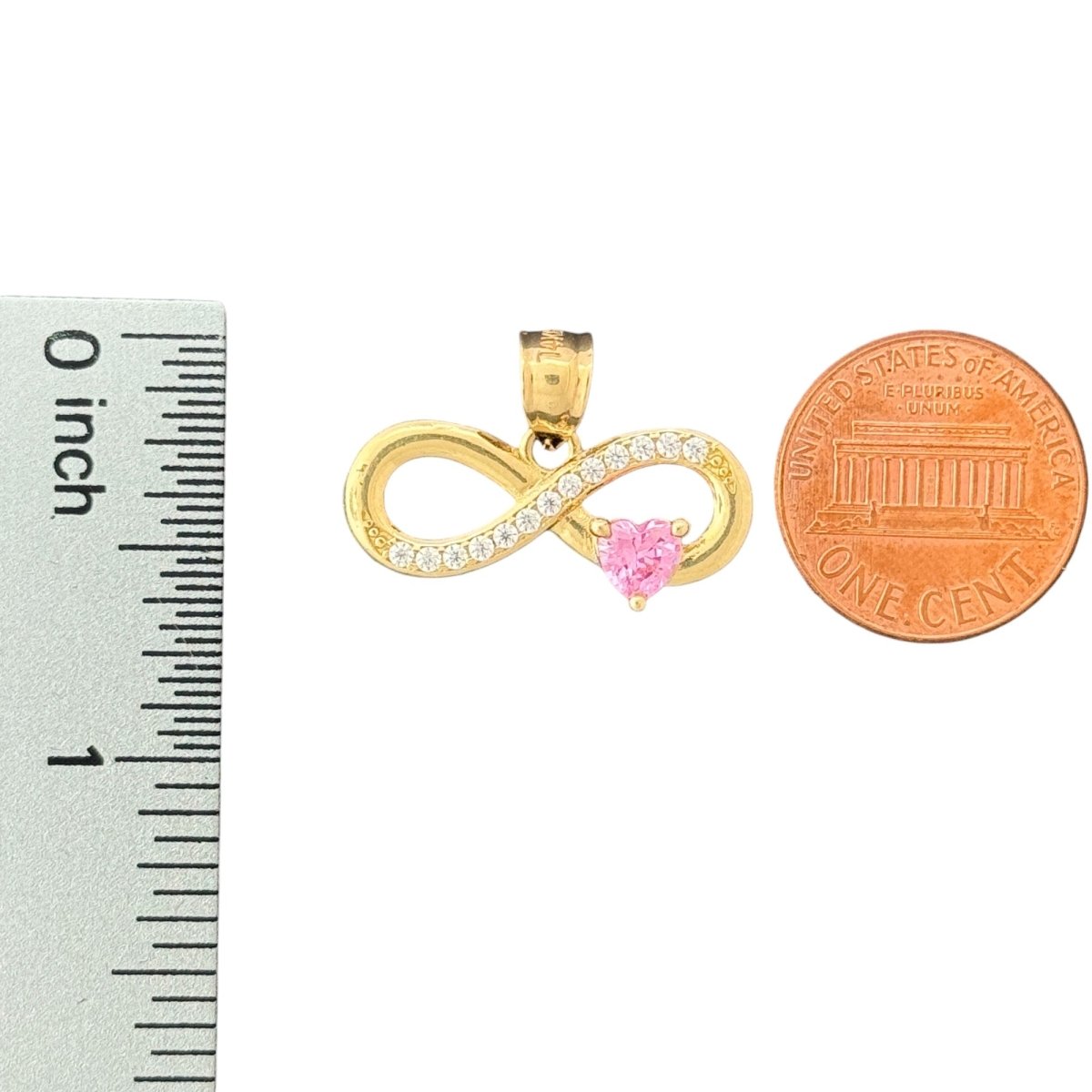 14KT Yellow Gold Infinity Pendant with Pink Heart CZ