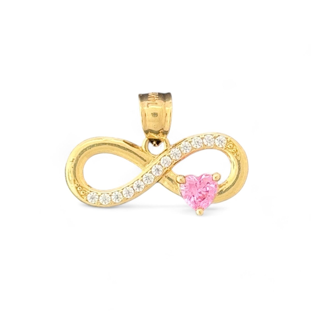 14KT Yellow Gold Infinity Pendant with Pink Heart CZ