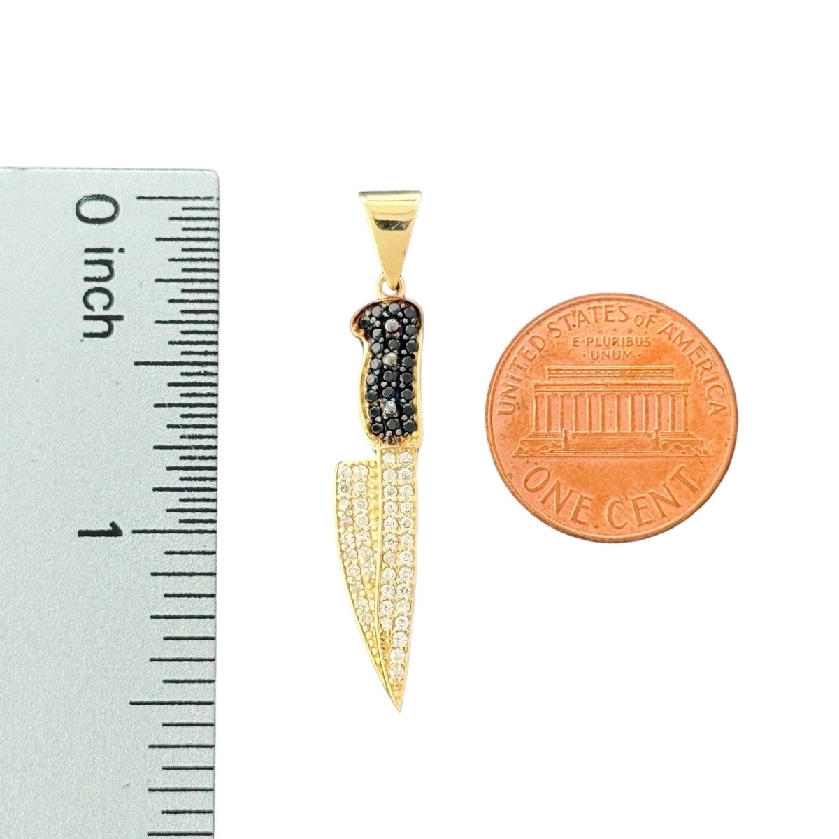 14KT Yellow Gold Knife Pendant with Black CZ Accents