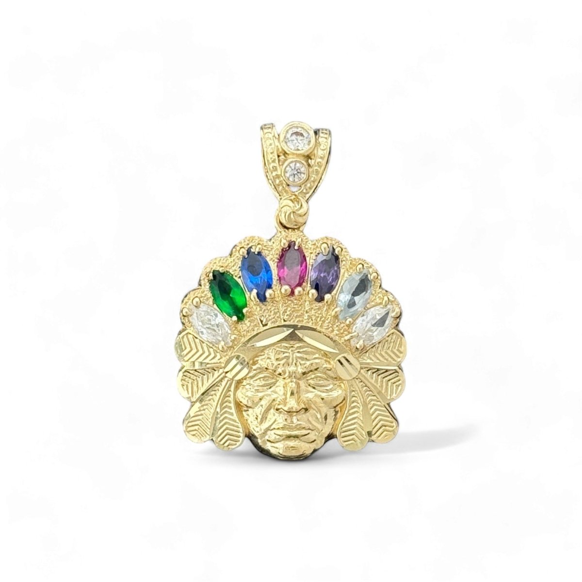 14KT Yellow Gold Multicolor Gemstone American Indian Chief Pendant