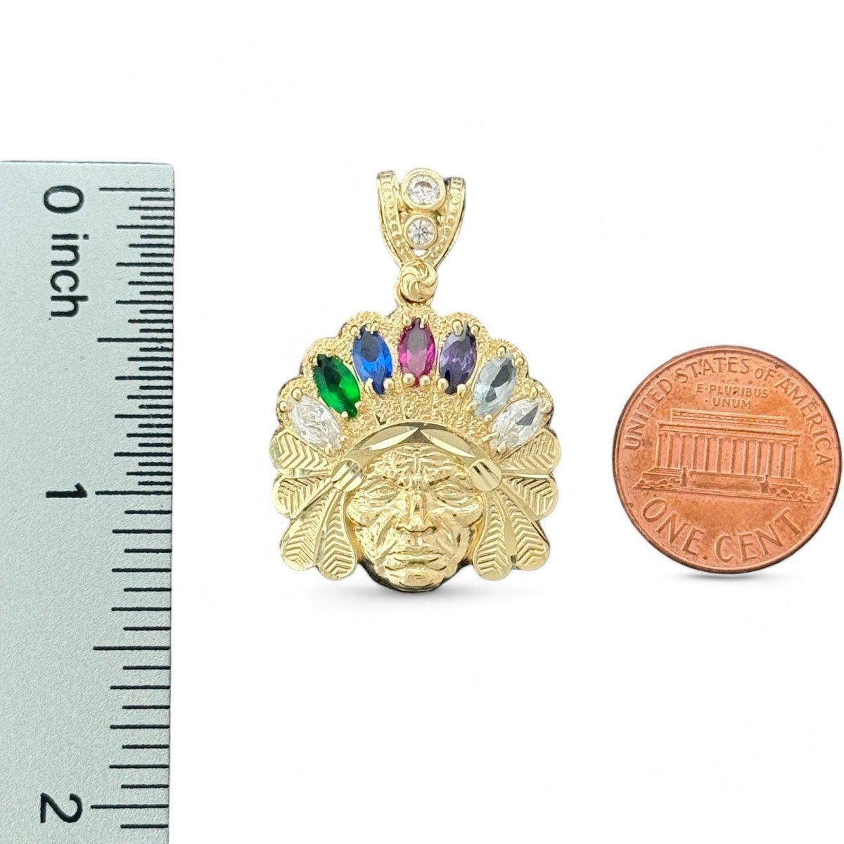 14KT Yellow Gold Multicolor Gemstone American Indian Chief Pendant