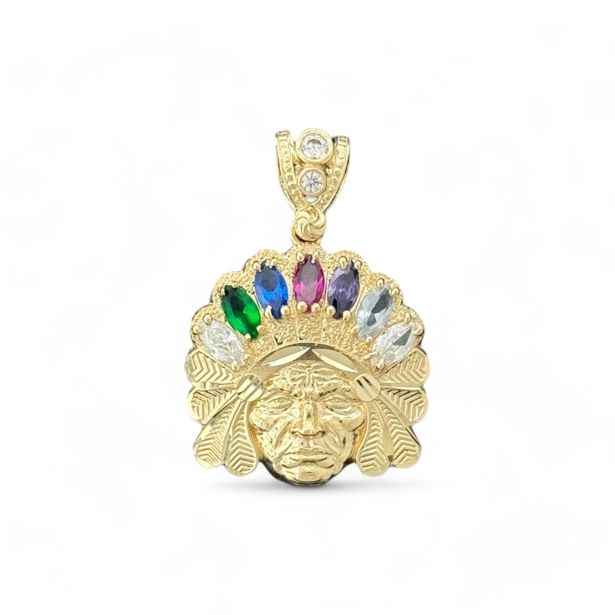 14KT Yellow Gold Multicolor Gemstone American Indian Chief Pendant