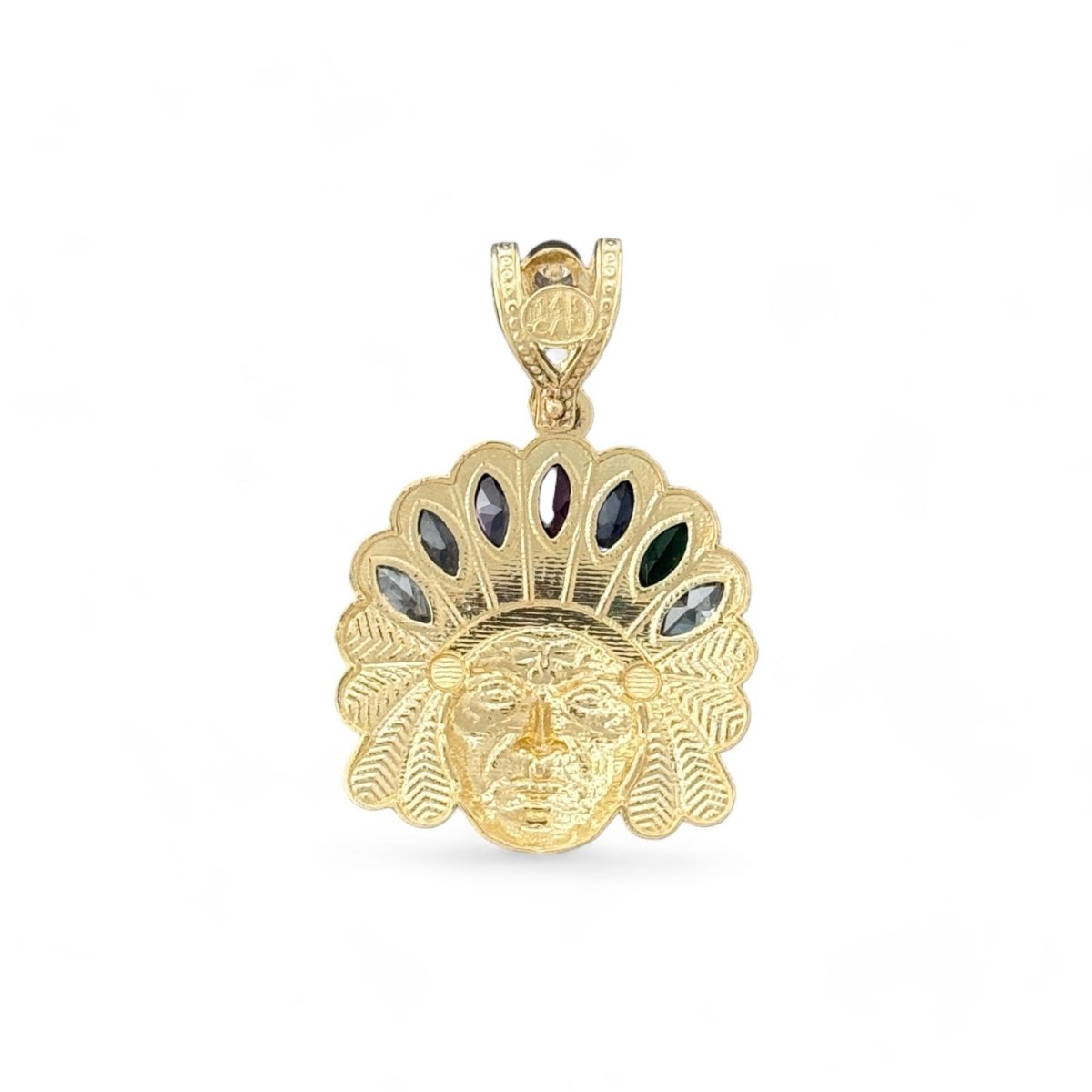 14KT Yellow Gold Multicolor Gemstone American Indian Chief Pendant