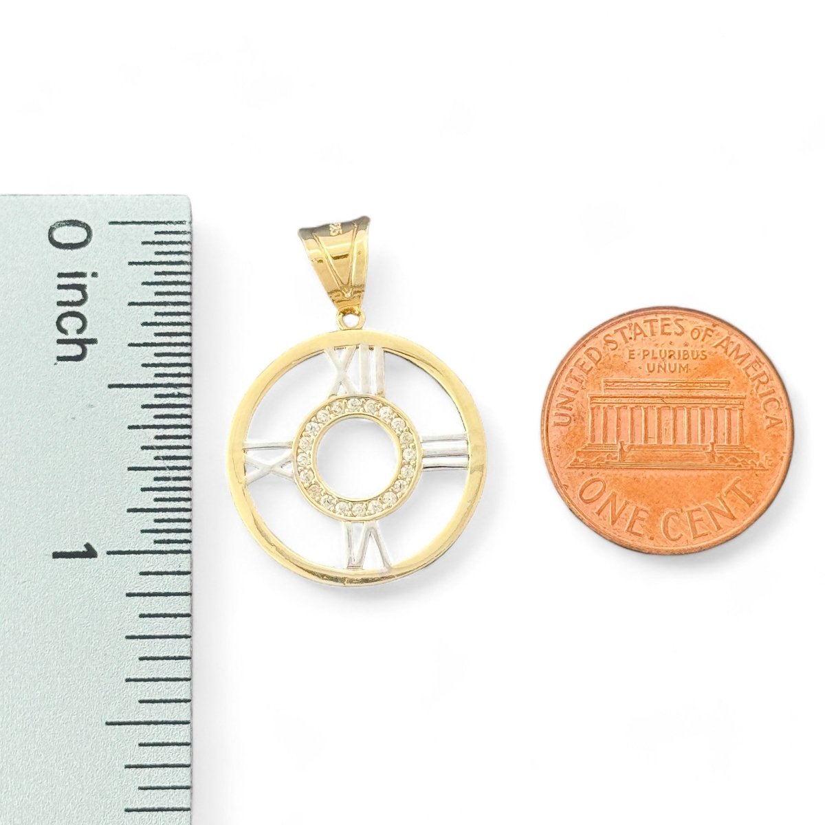 14KT Yellow Gold Roman Numeral Circle Pendant with CZ Accents