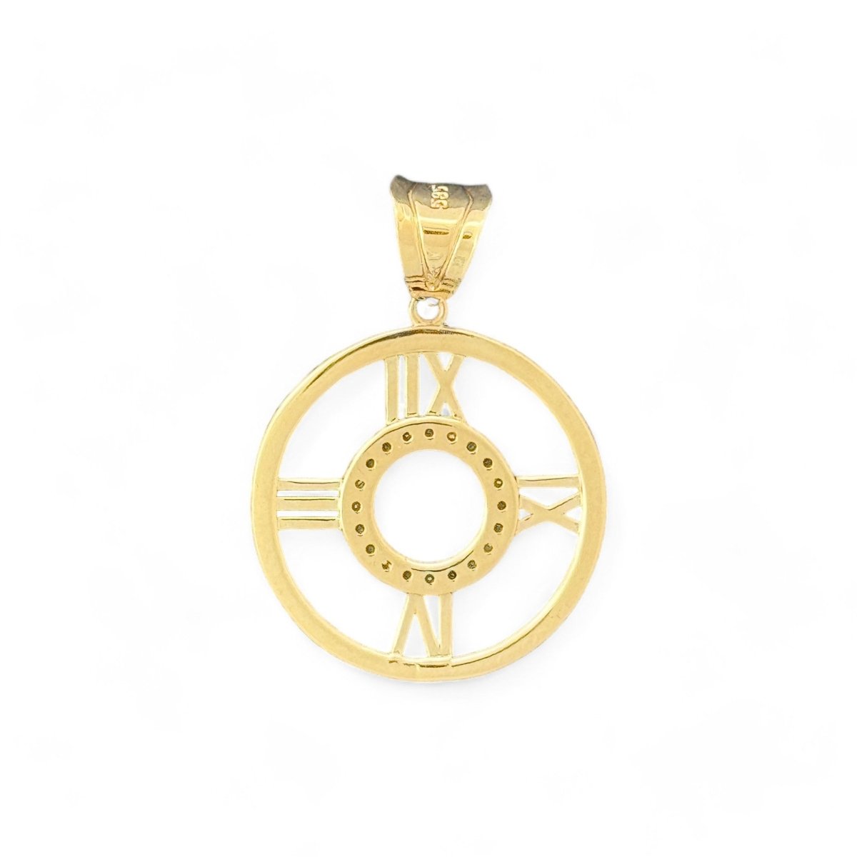 14KT Yellow Gold Roman Numeral Circle Pendant with CZ Accents