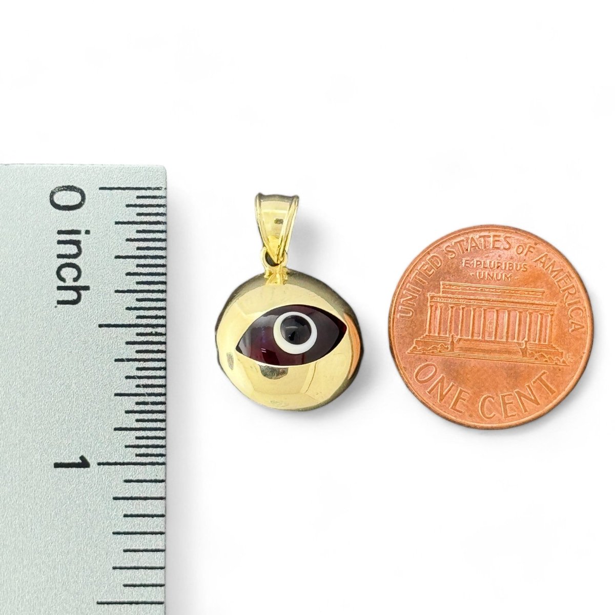 14KT Yellow Gold Round Evil Eye Pendants with Red Enamel