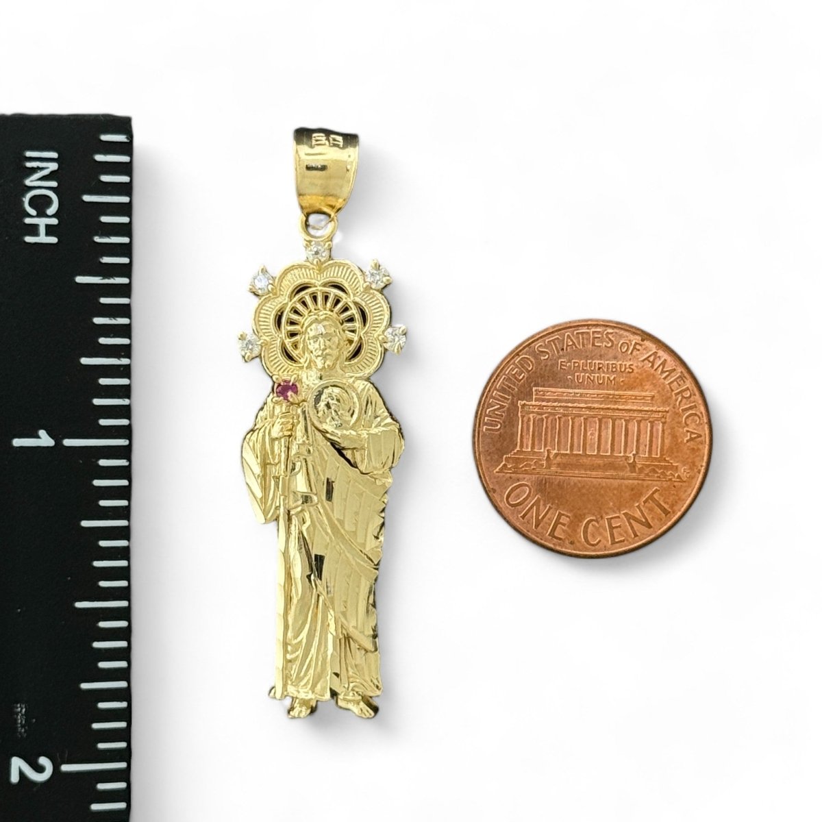 14KT Yellow Gold Saint Jude Pendant with Red Stone