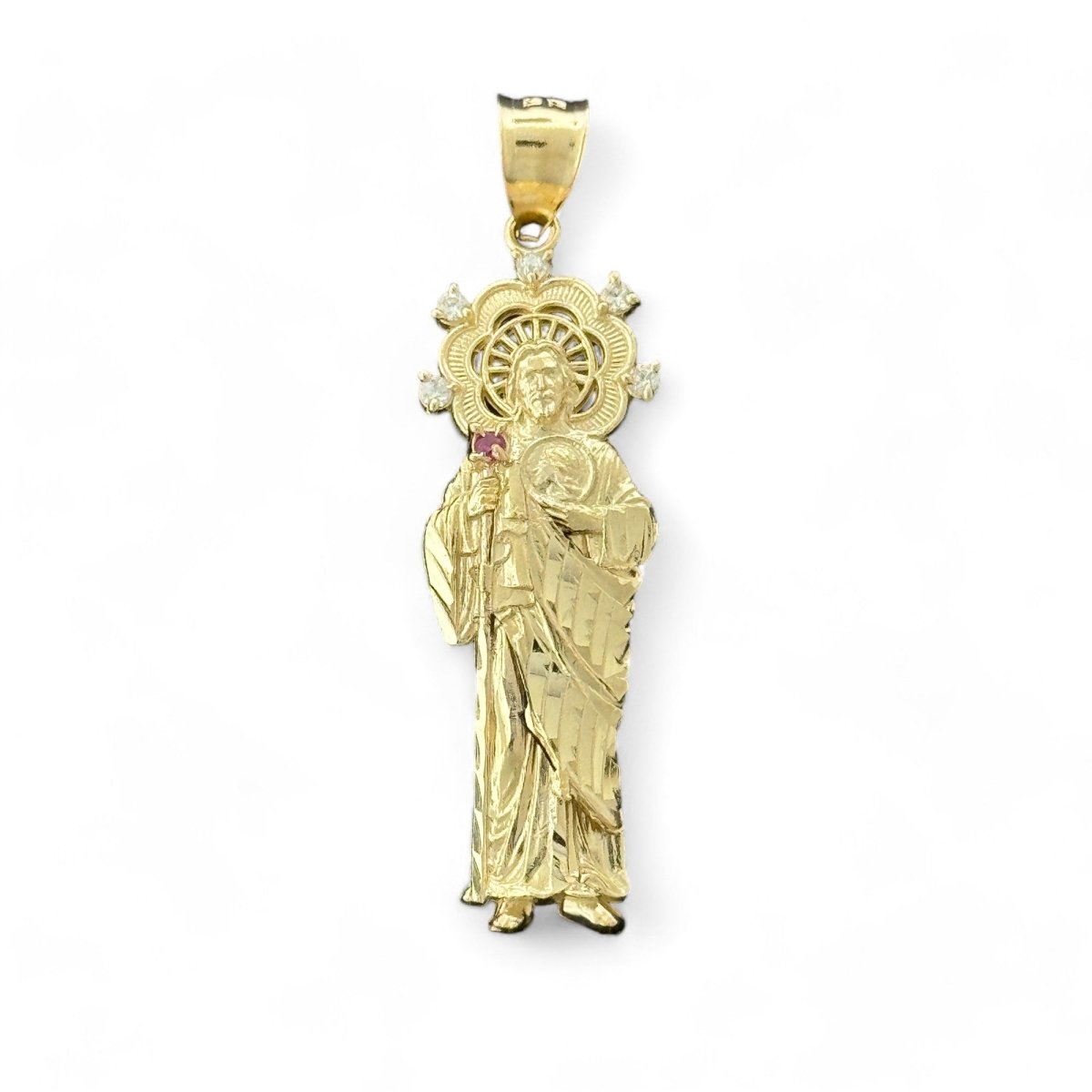 14KT Yellow Gold Saint Jude Pendant with Red Stone