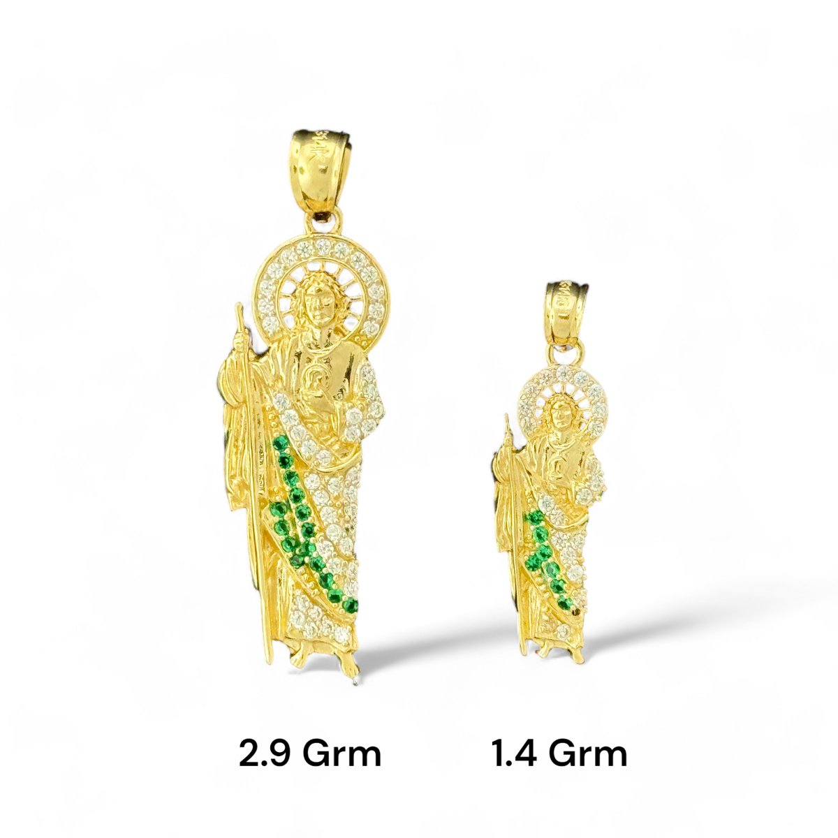14KT Yellow Gold Saint Jude Pendants With Green CZ Stones