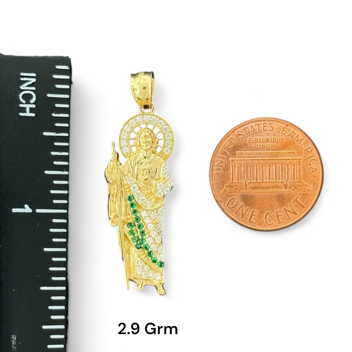 14KT Yellow Gold Saint Jude Pendants With Green CZ Stones
