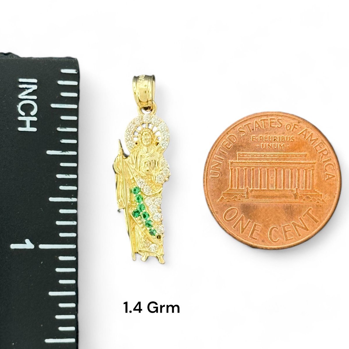 14KT Yellow Gold Saint Jude Pendants With Green CZ Stones