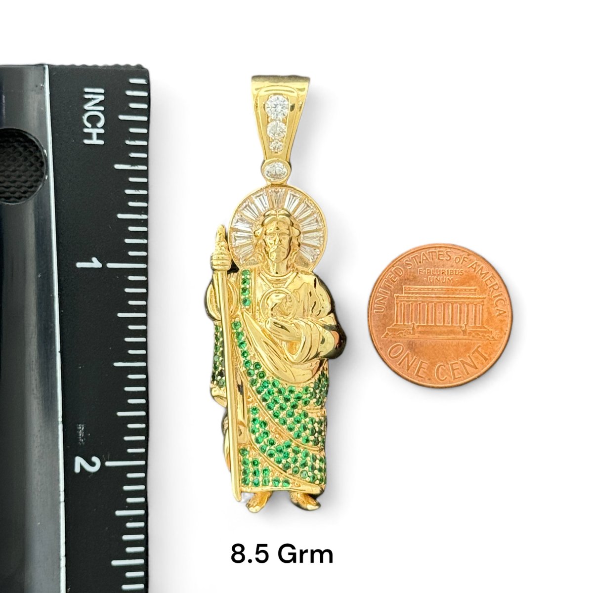 14KT Yellow Gold Saint Jude Pendants With Green CZ Stones