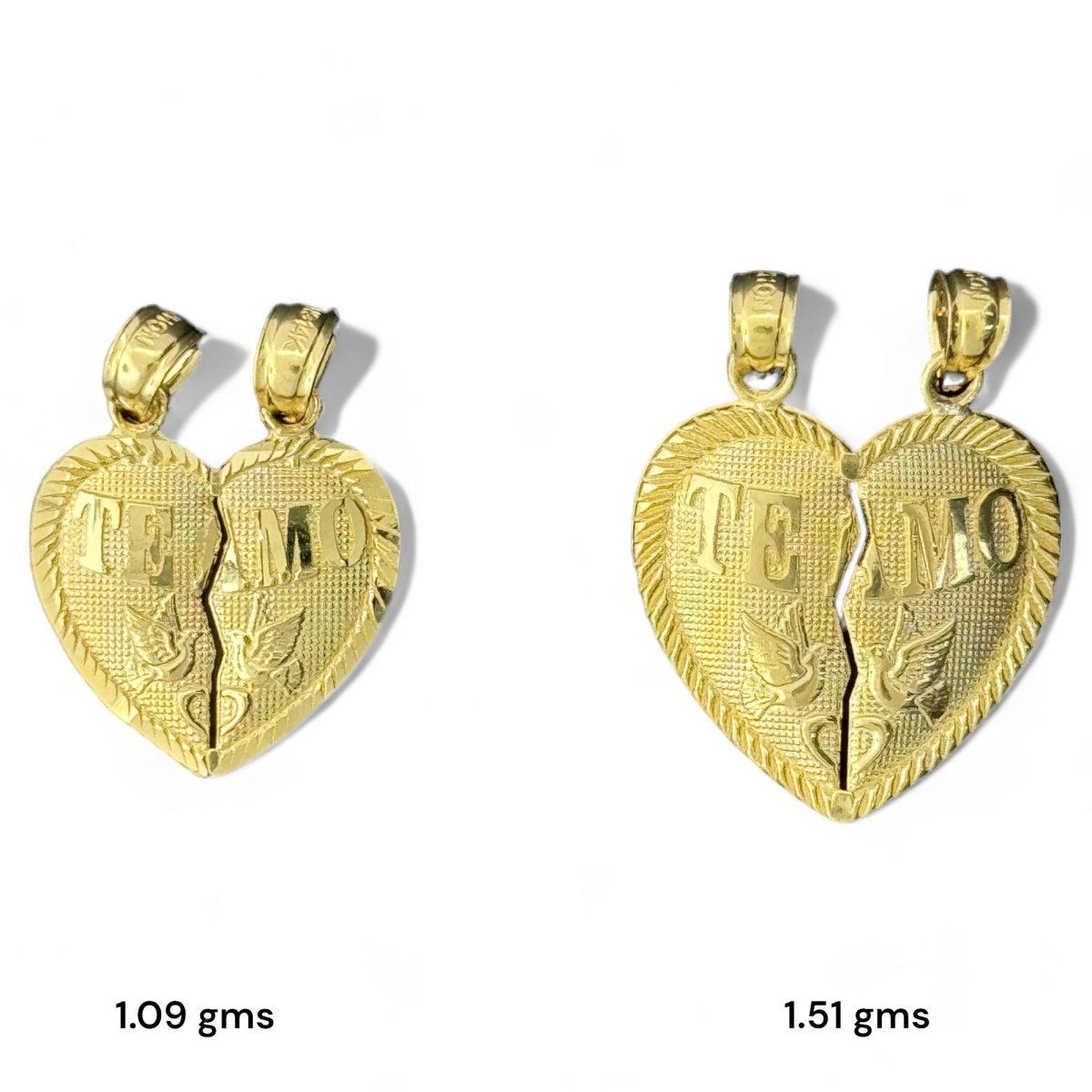 14KT Yellow Gold "Te Amo" Breakable Heart Pendants with Doves