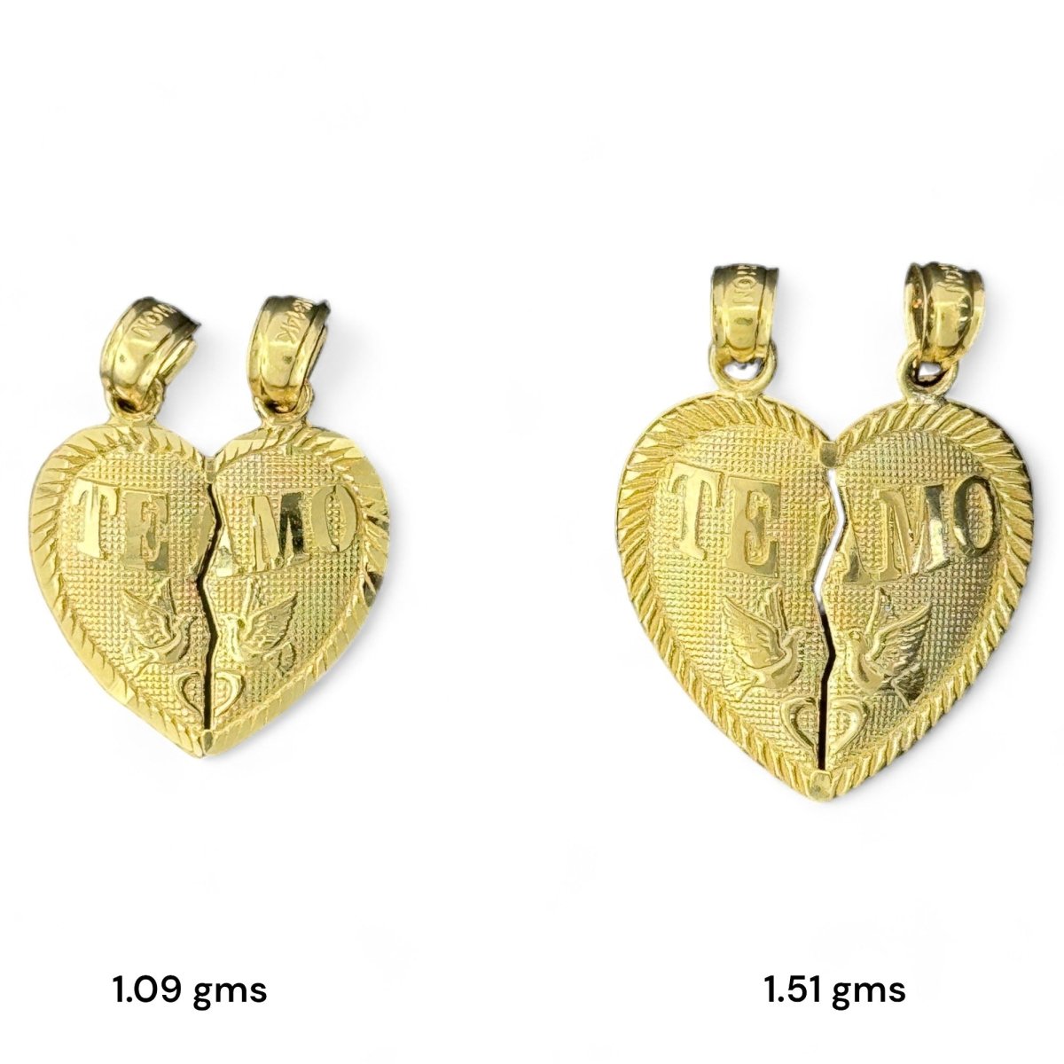 14KT Yellow Gold "Te Amo" Breakable Heart Pendants with Doves