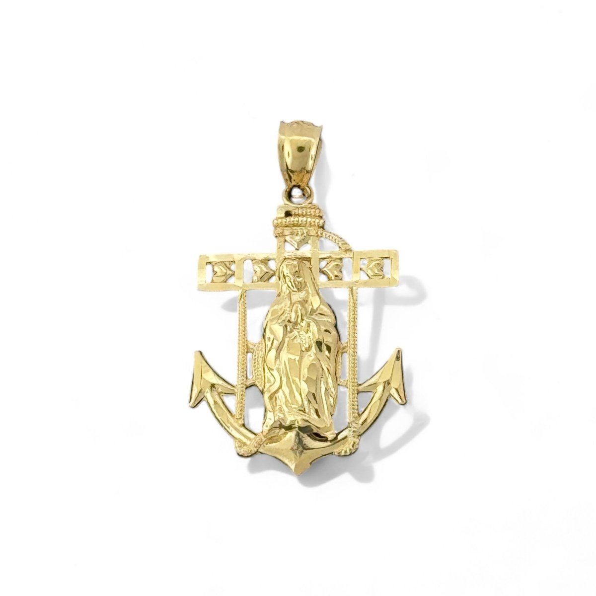 14KT Yellow Gold Virgin Mary with Anchor and Cross Pendant